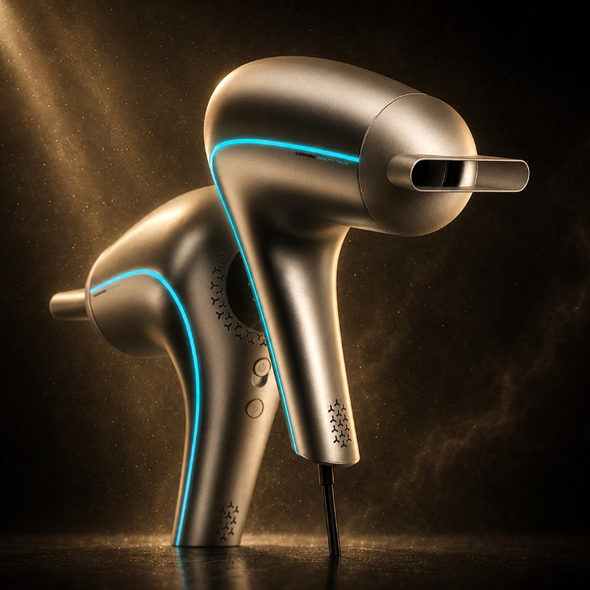 AI Hair Dryer pair in champagne finish under golden spotlight