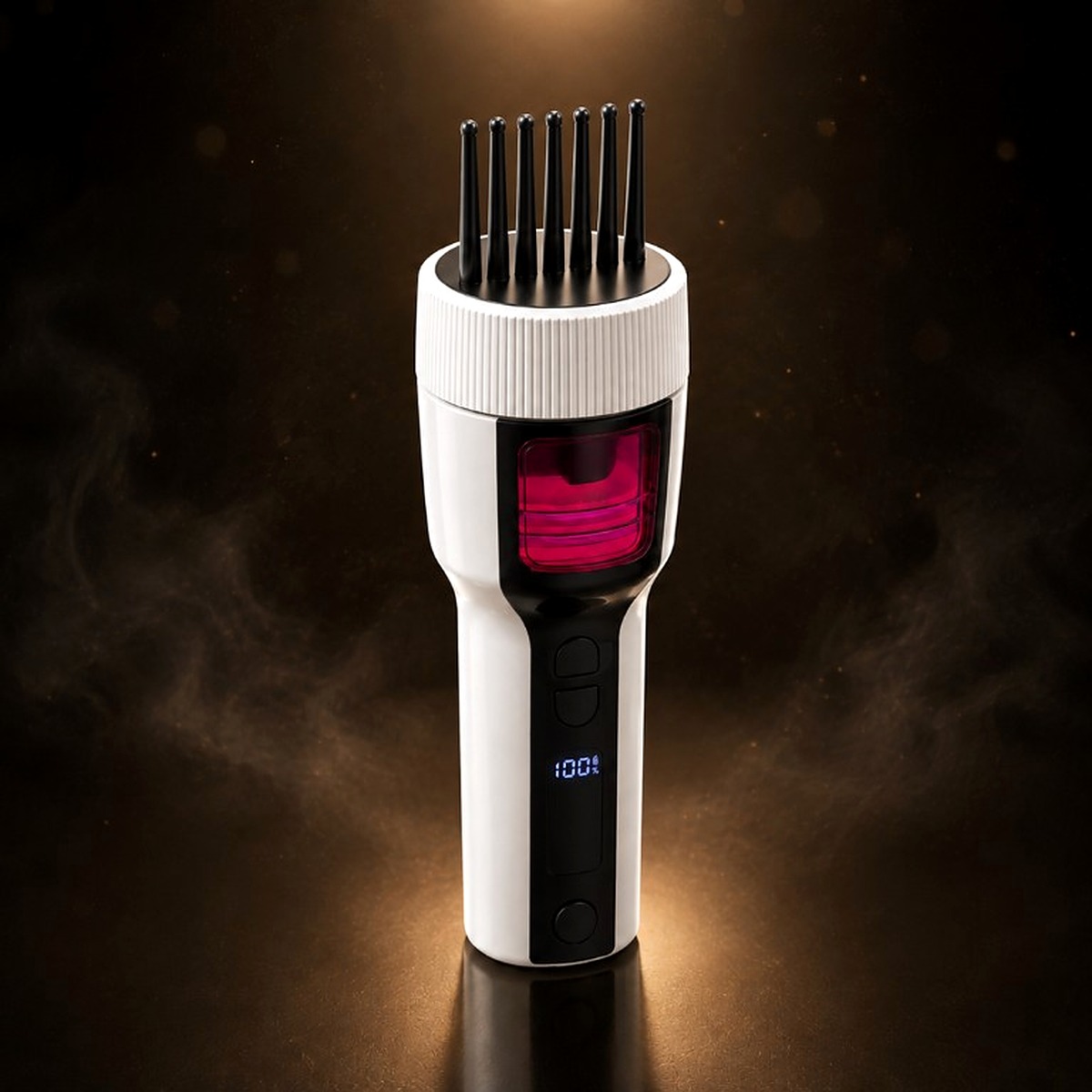 KolorMe in golden studio light with straight-line comb